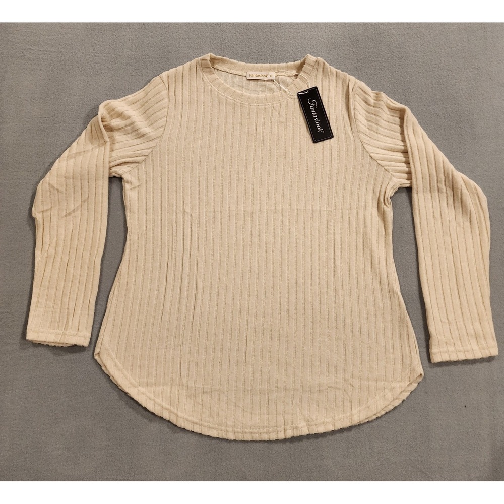 Fantaslook Women's Ribbed Knit Top Medium Beige Long Sleeve Crew Neck NWT